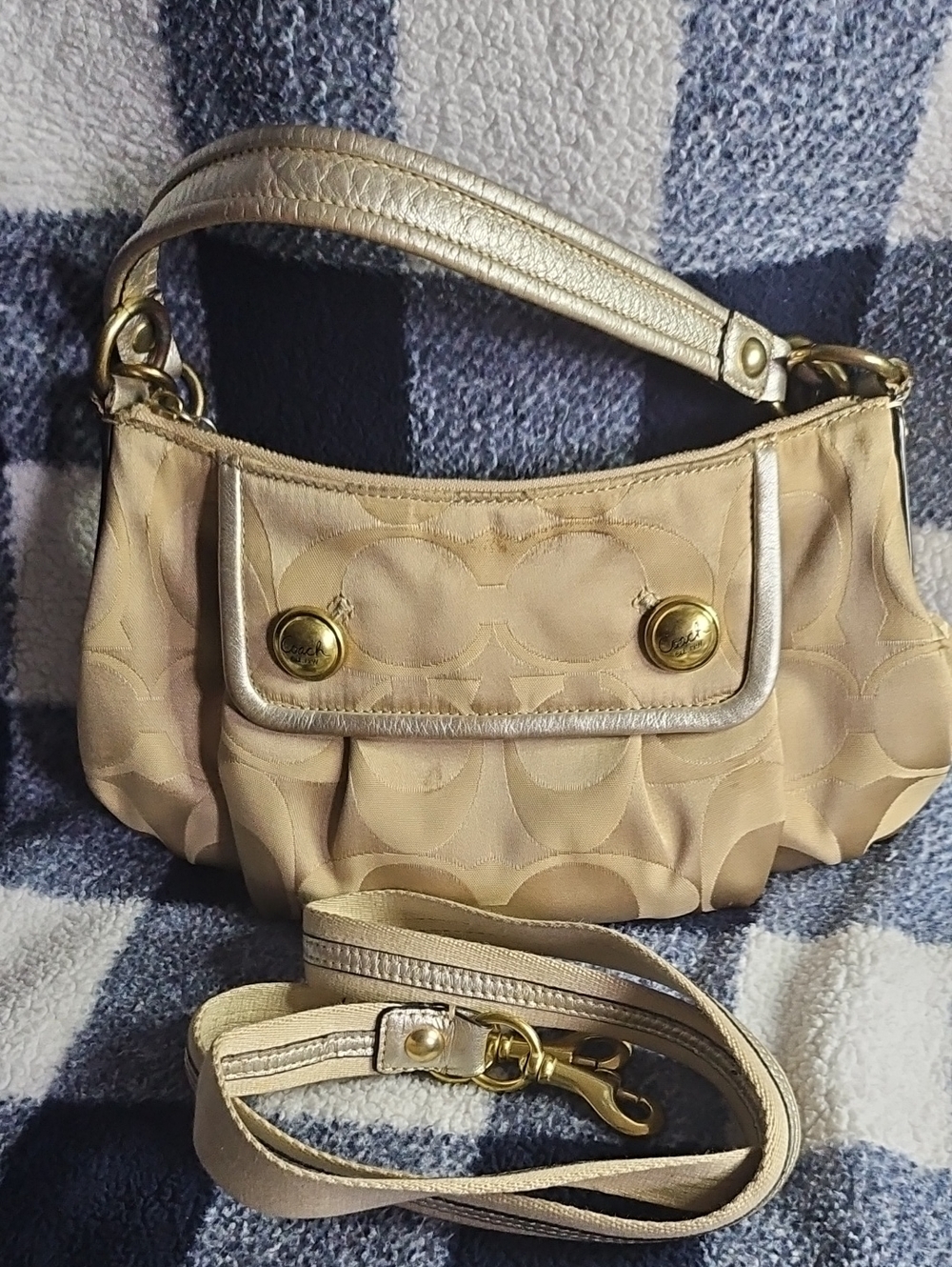 Coach Beige Signature Jacquard Shoulder Bag with Gold Hardware